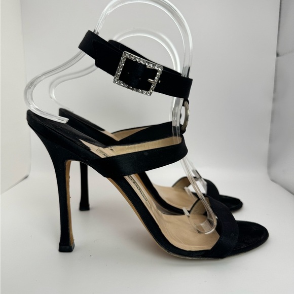 Manolo Blahnik Crystal Buckle & Ring Black Suede Open Toe Sandal Heel - Size 38 - Picture 10 of 12